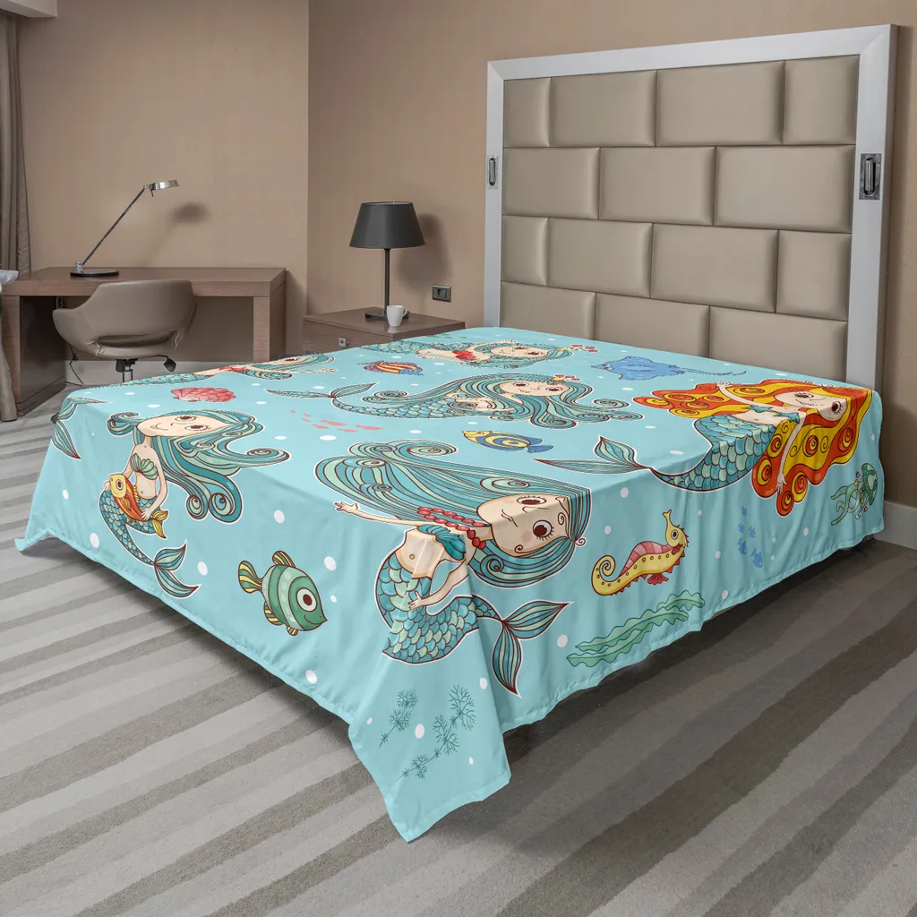 Drap-Housse Imprimé Sirènes 1 Pièce Grand Lit 260x228 cm Motifs Marins