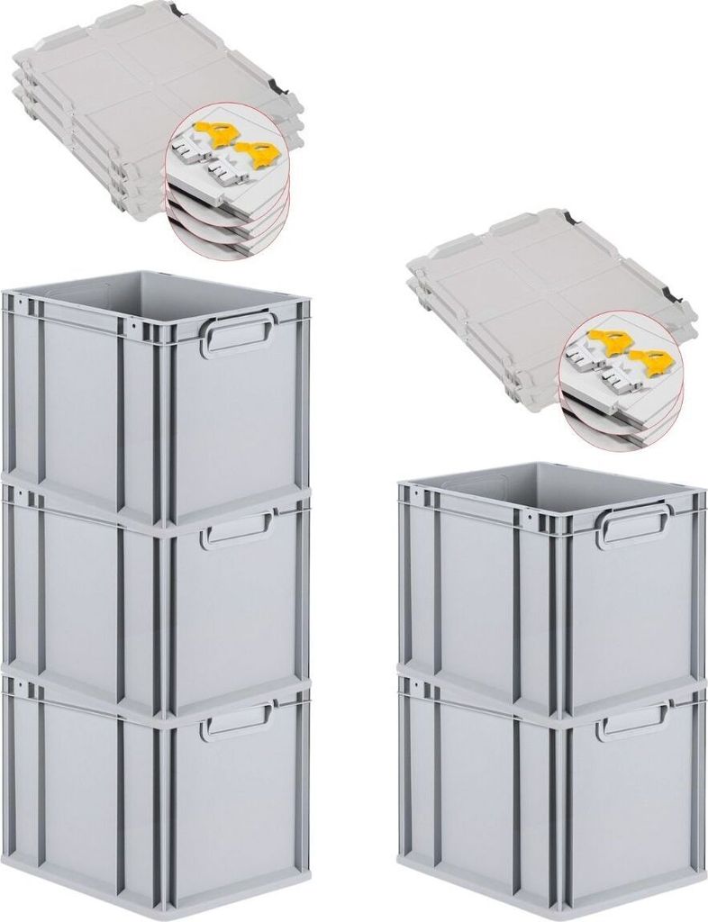 SuperSparSet 5x Eurobox NextGen Economy mit Scharnierdeckel und gelben Schiebeschnappverschlüssen | Griffe geschlossen | HxBxT 32x30x40cm | 30 Lit...