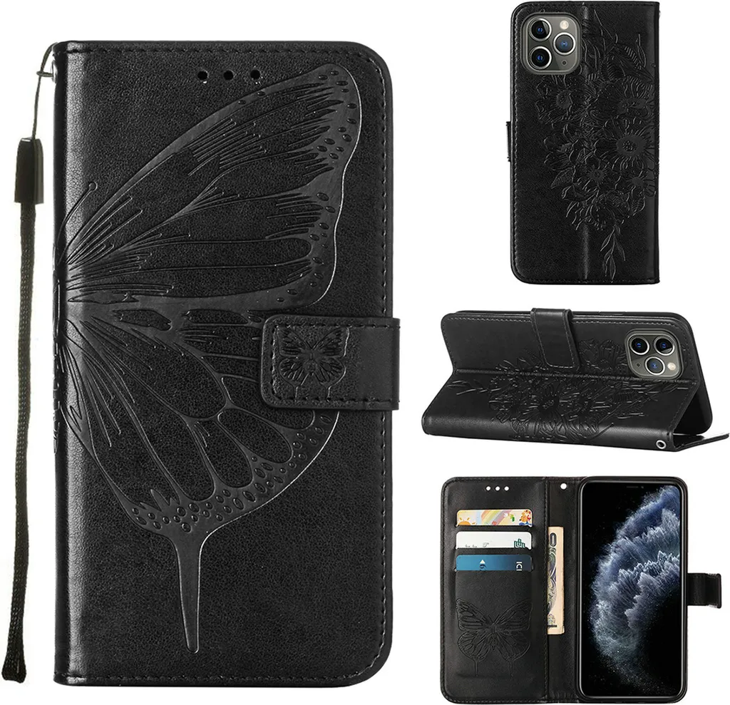 Cover iPhone 11 Pro Portafoglio in Pelle Nera Butterfly con Supporto