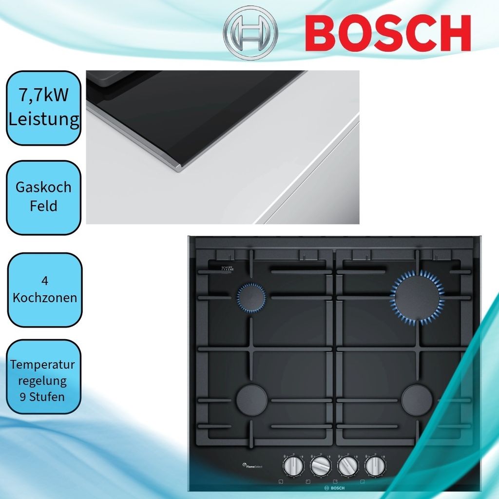 Collage of images showcasing a Bosch gas hob, with close-ups of the glass surface and the hob itself. Text overlays provide product specifications.