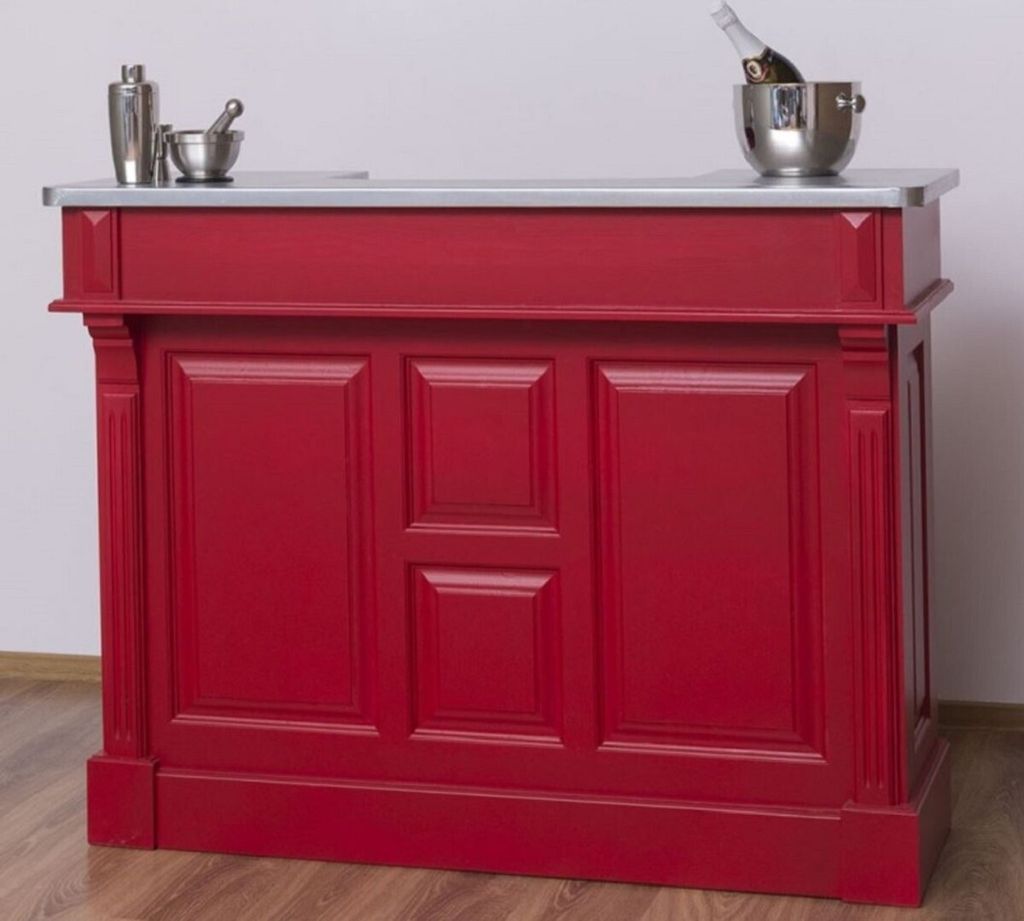 Casa Padrino Landhausstil Theke Rot / Silber 140 x 51 x H. 107 cm - Massivholz Thekentisch mit verzinkter Tischplatte - Möbel im Landhausstil
