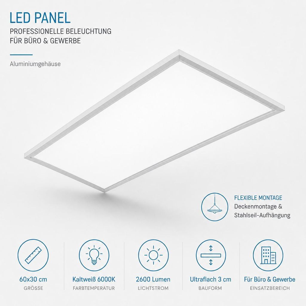 LED Panel 60x30cm Kaltweiß 6000K Deckenleuchte Bürolampe Produktbild 