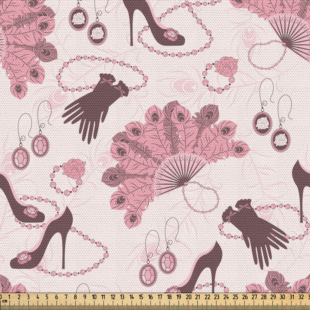 ABAKUHAUS Jahrgang Gewebe als Meterware, Frauen Mode Thema altmodische Accessoires Handschuhe Schuhe Pfau Feder Ohrringe, 2 M (148 x 200 cm), Hellrosa