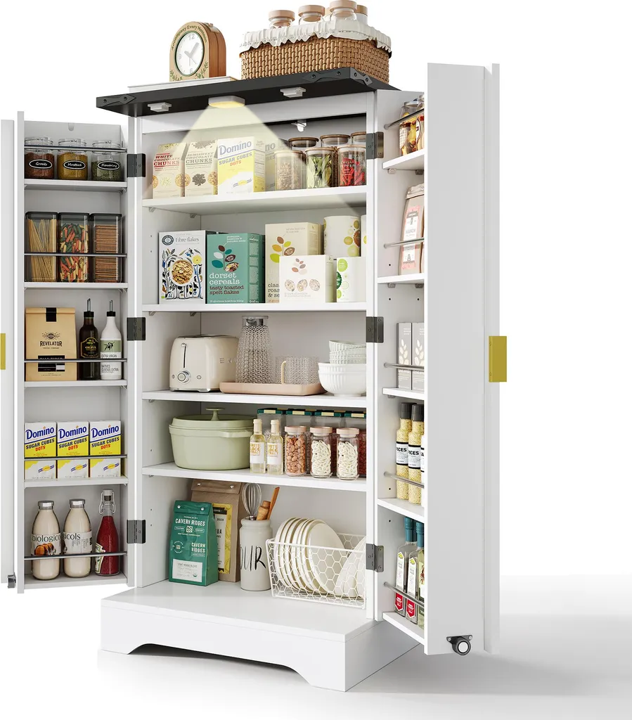 Buffet Cuisine Blanc avec Étagères Réglables et Détails Dorés Chic - 10