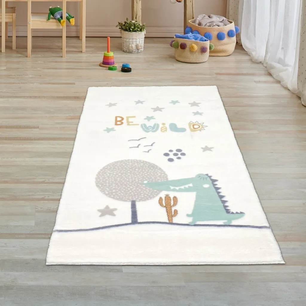 Tapis de chambre enfant motif crocodile crème et étoiles de 80x150 cm