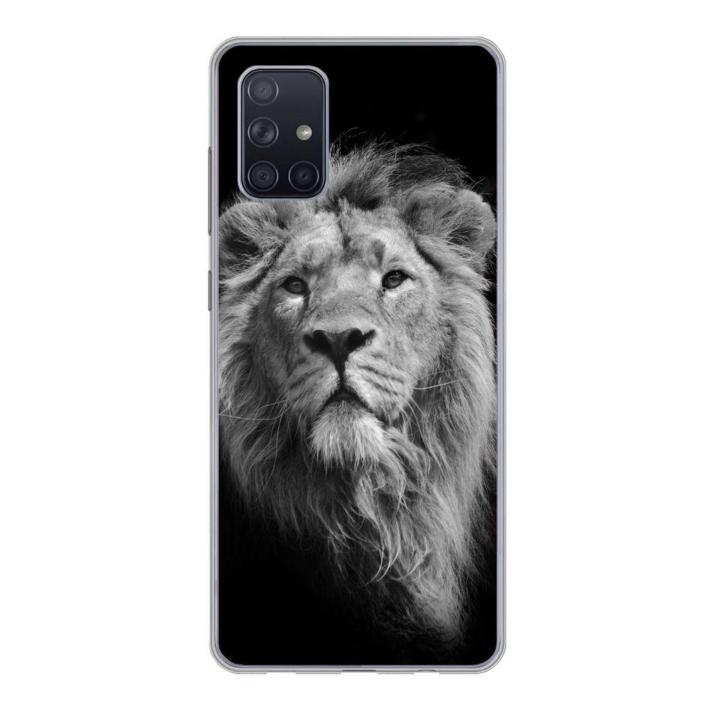 MuchoWow Handyhülle Schutzhülle Hülle für Samsung Galaxy A51 5G Asiatischer Löwe vor schwarzem Hintergrund in Schwarz und Weiß Silikon Soft...