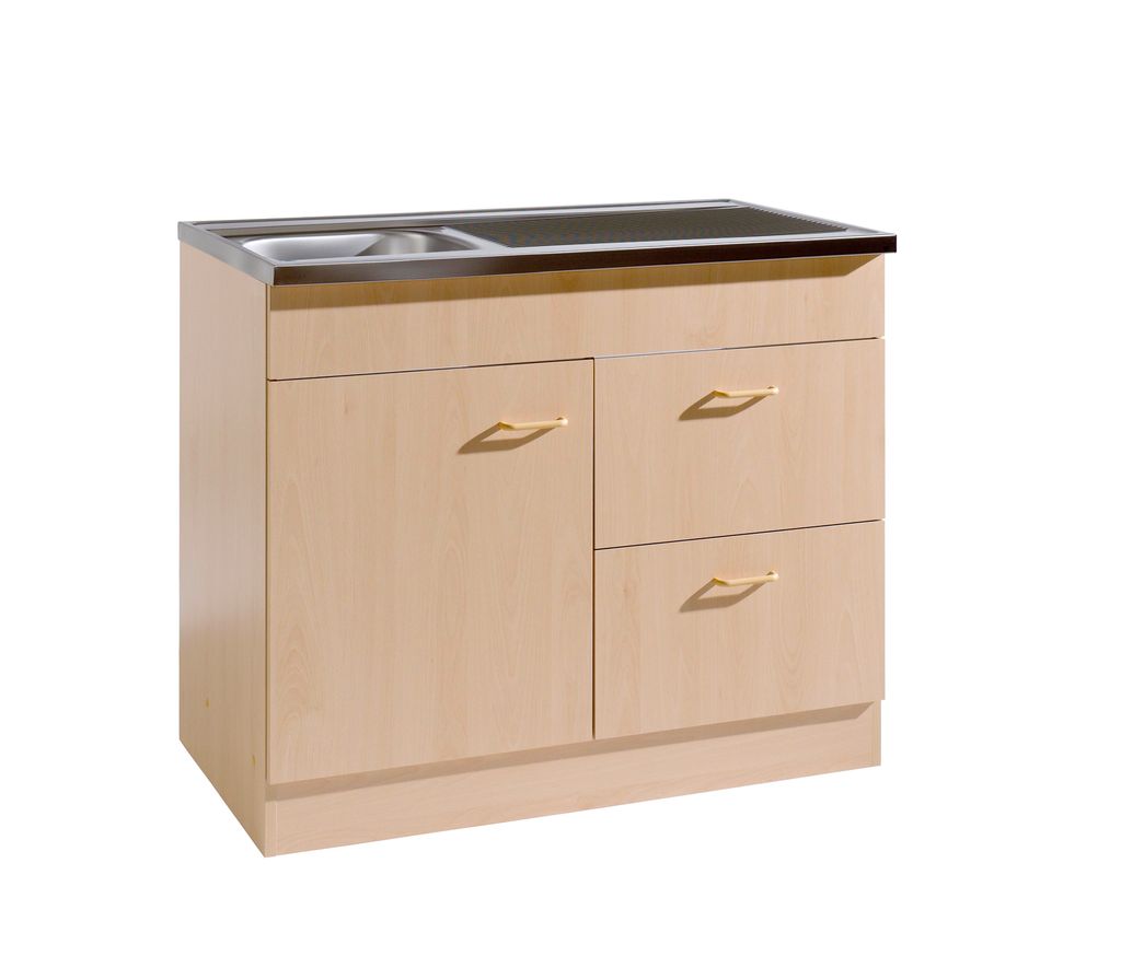 Küchen Spülen Unterschrank Start 100 cm breit 50 cm tief in Buche Nachbildung mit 2 Auszügen und Edelstahl Auflagespüle