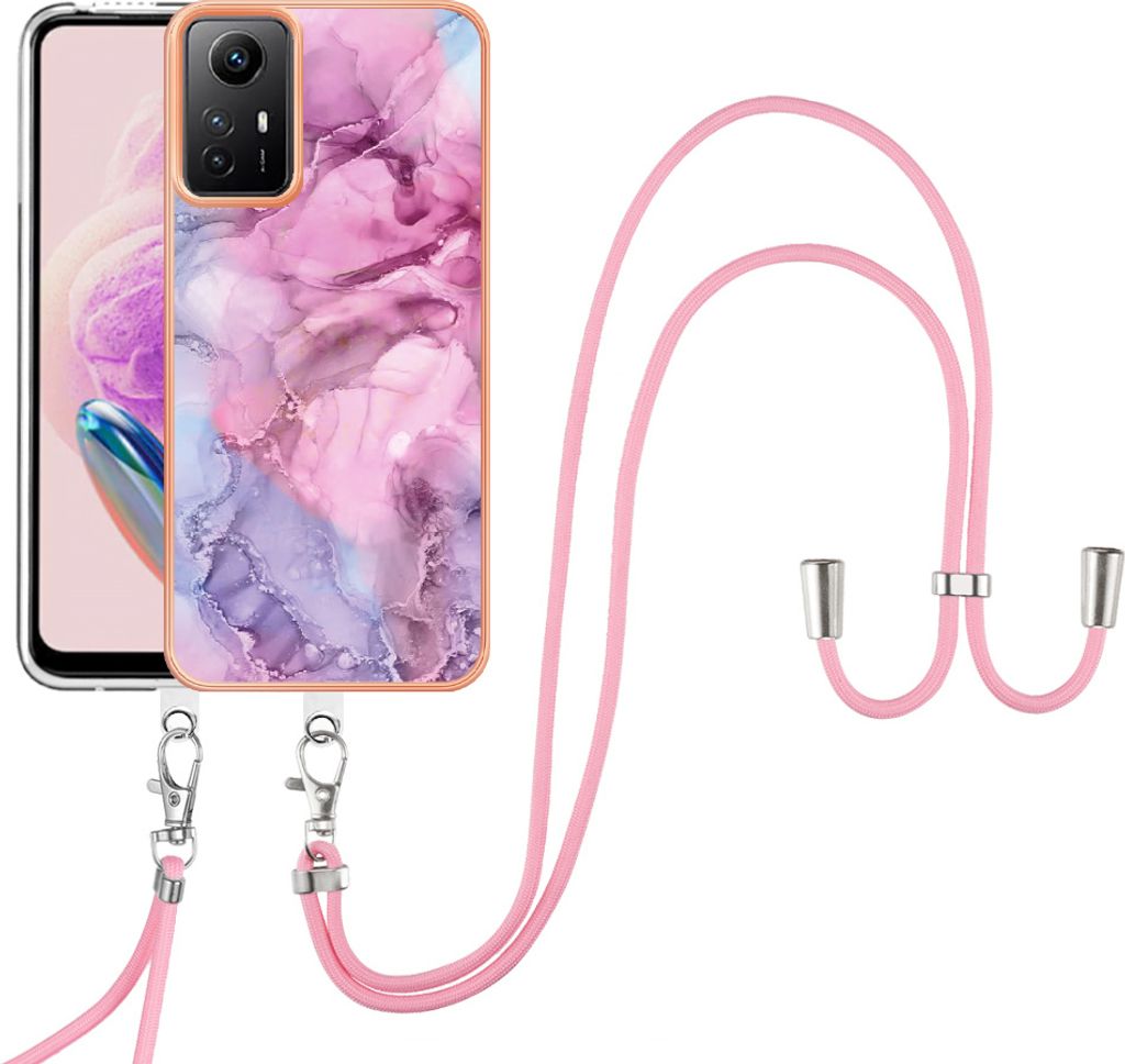 Handykette Hülle für Xiaomi Redmi Note 12S Muster TPU Schutzhülle mit verstellbarem Tragegurt Rosa