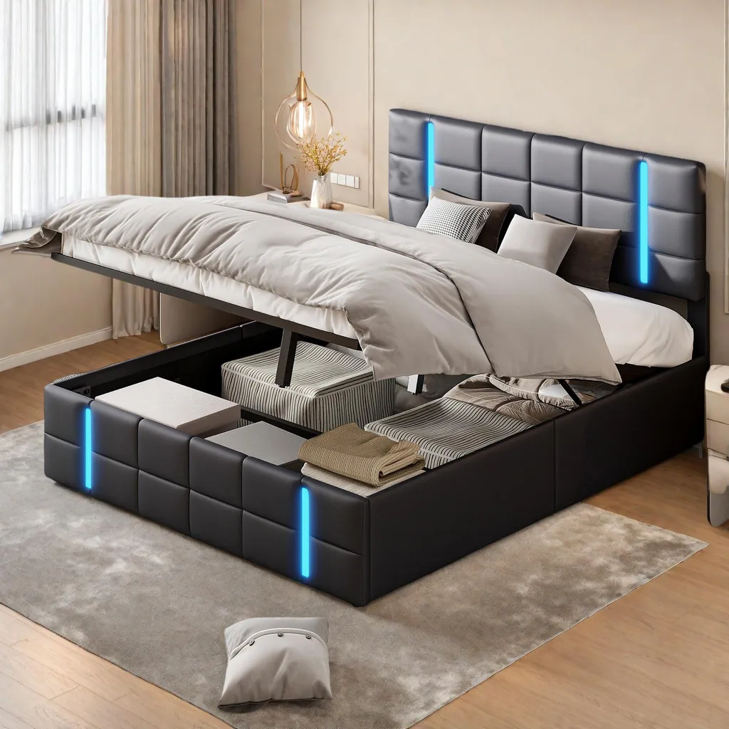 Lit 2 personnes 160x200 noir avec tête de lit rétroéclairée et USB