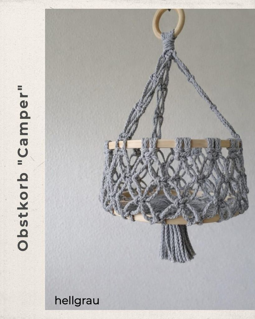 Makramee Obstkorb "Camper" - Camping Korb ideal für Vanlife WoMo - Vintage Boho Deko - Geschenk Hochzeit Geburtstag - Farbe HELLGRAU