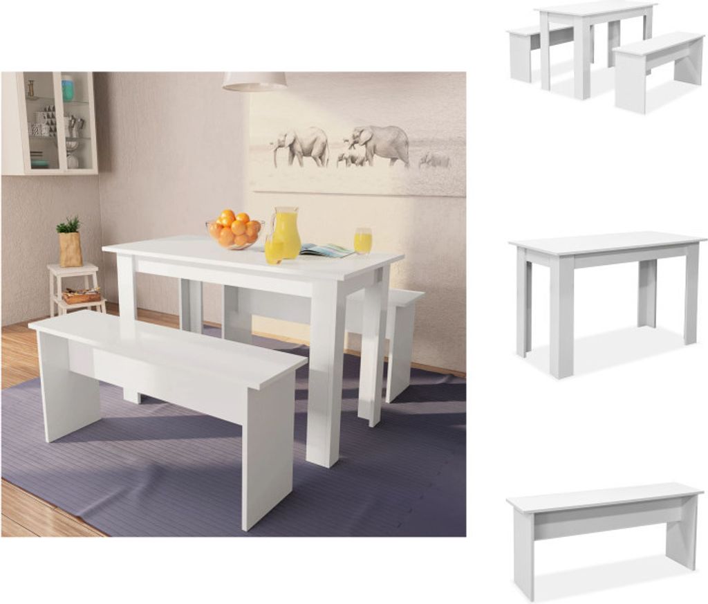 A collage of images showing a white dining set with a table and benches, presented in different angles and contexts.