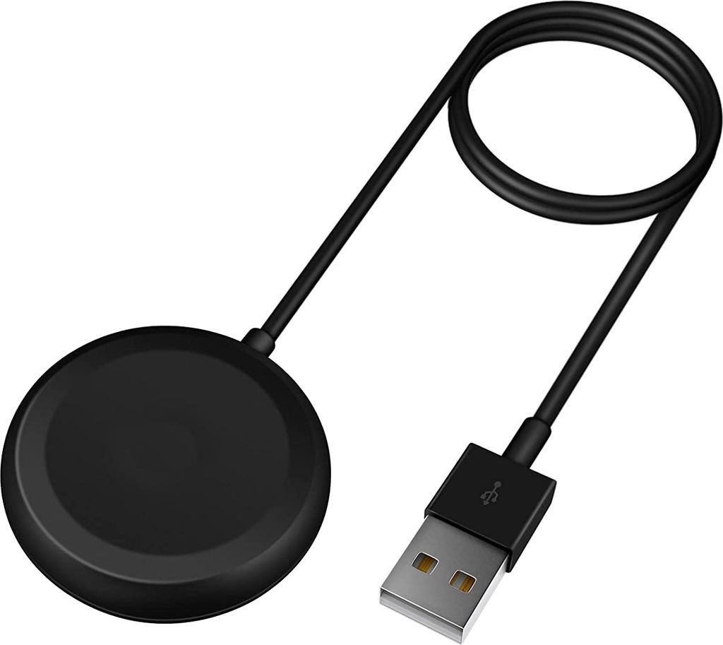A black USB charging cable with a round charging puck for a smartwatch.