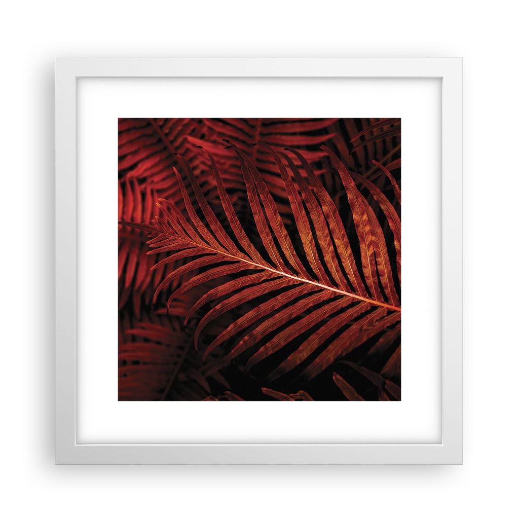 Gerahmtes Poster - Weißer Rahmen - Rot Blätter Palmen - 30x30 cm - Wand Bild - Wanddeko - Wandbilder - Kunstposter - Wandposter - Bilderrahmen - ...