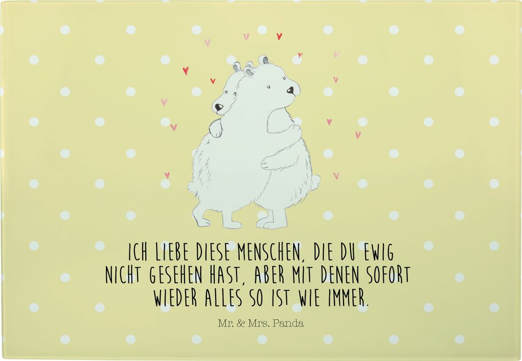 Mr. & Mrs. Panda Hackbrett Eisbär Umarmen - Gelb Pastell - Geschenk, Lustige Sprüche, Schneidebrett Glas, Frühstücksbrett, Servierplatte