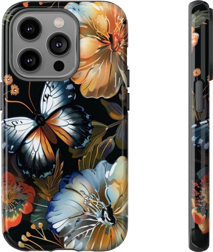 Schmetterlinge und Blumenmuster auf Schwarz – Hülle Kompatibel mit iPhone 14 Pro
