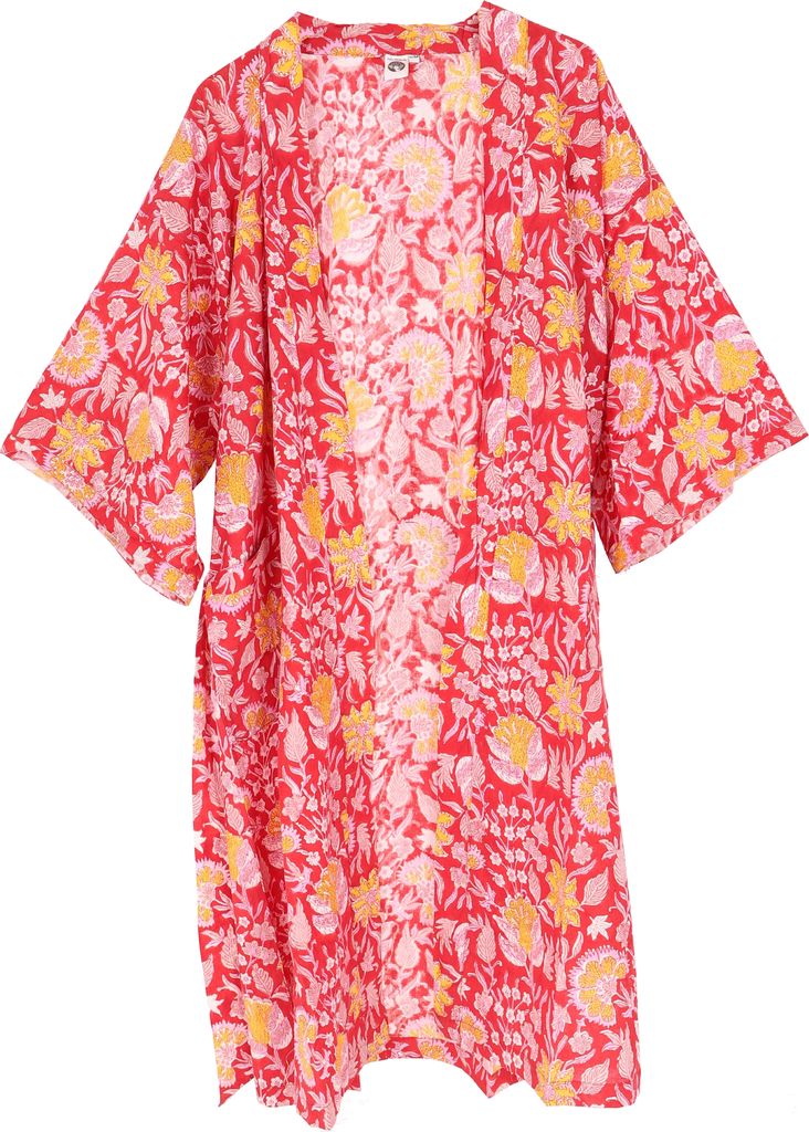 Kimono im Japan Style, Handbedruckter Oversize Baumwoll Kimono Mantel, Kimonokleid - Rot, Damen, Mehrfarbig, Baumwolle, Größe: L/XL