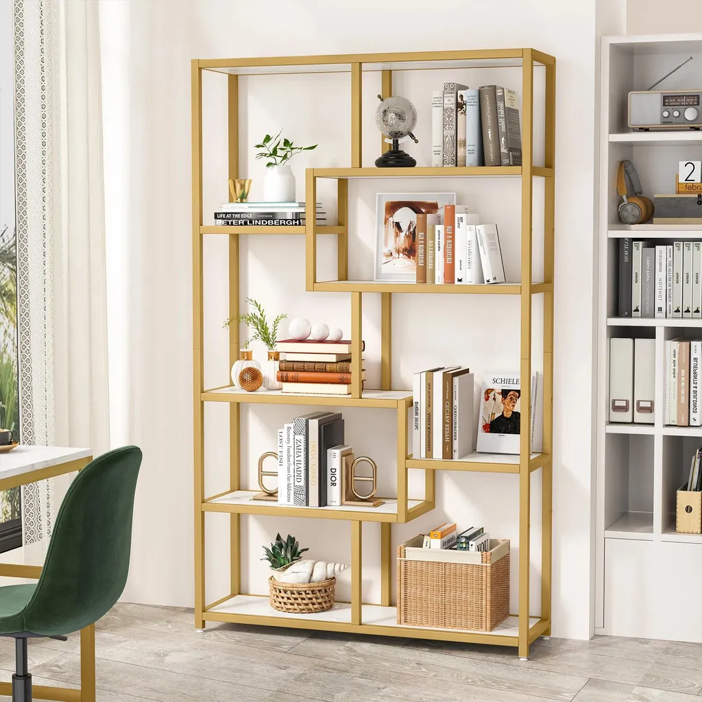 Bibliothèque à 5 étagères dorée 180 cm avec 8 compartiments ouverts