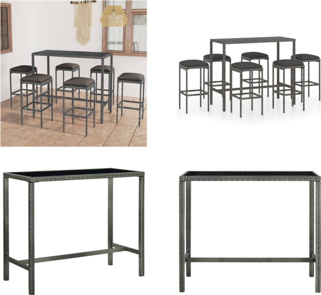 vidaXL 7 tlg. Gartenbar Set mit Kissen Poly Rattan Grau - Bar-Set - Bar-Sets - Bartisch Und Barhocker - Bartisch