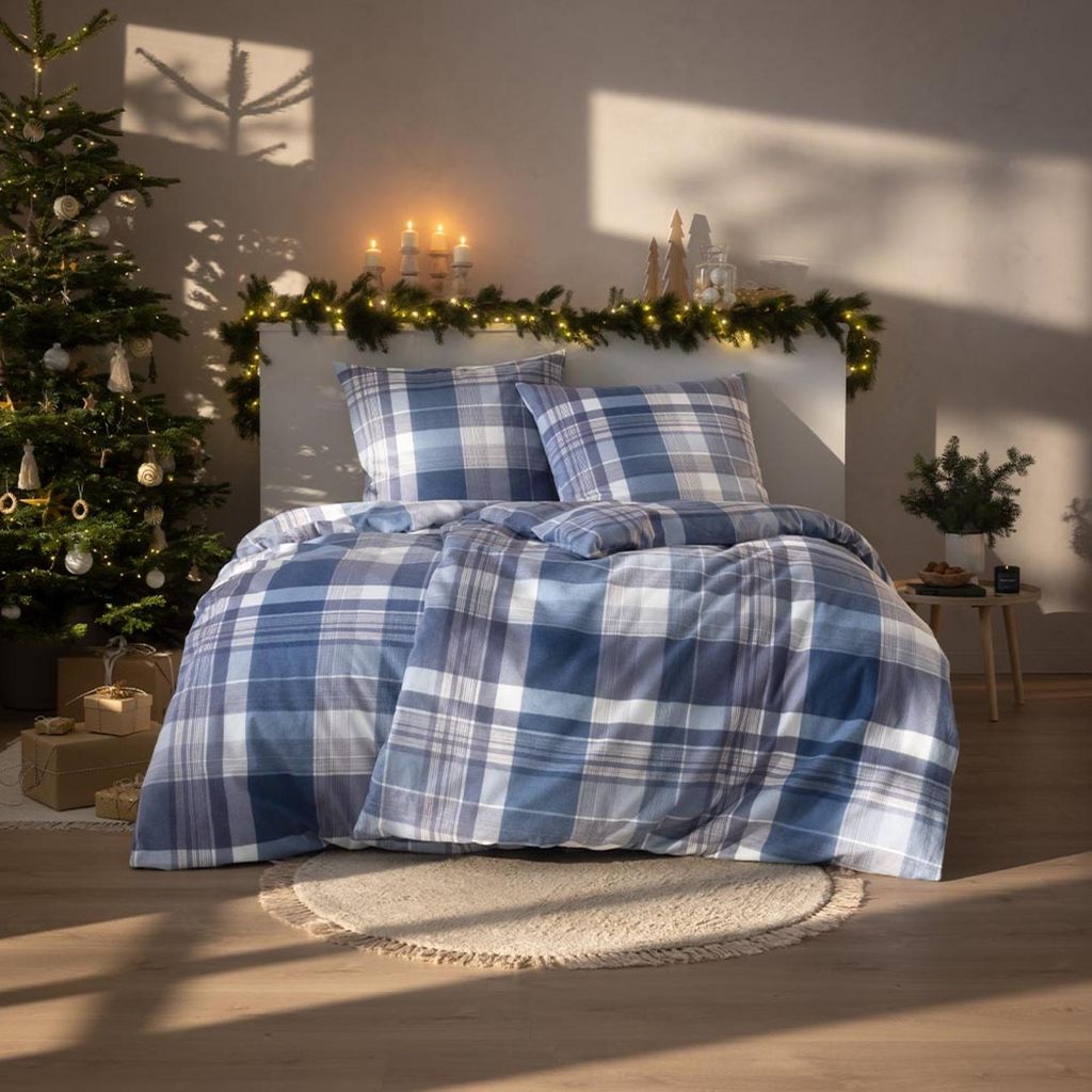 Estella Kuschel Flanell Bettwäsche 135x200 Ambros navy Karo hellblau 4473-655
