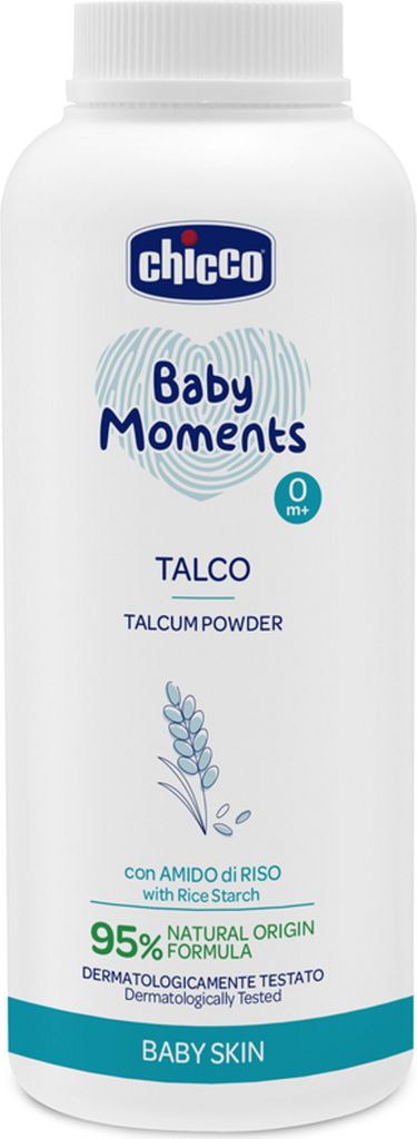 A product shot of a bottle of Chicco Baby Moments Talcum Powder.