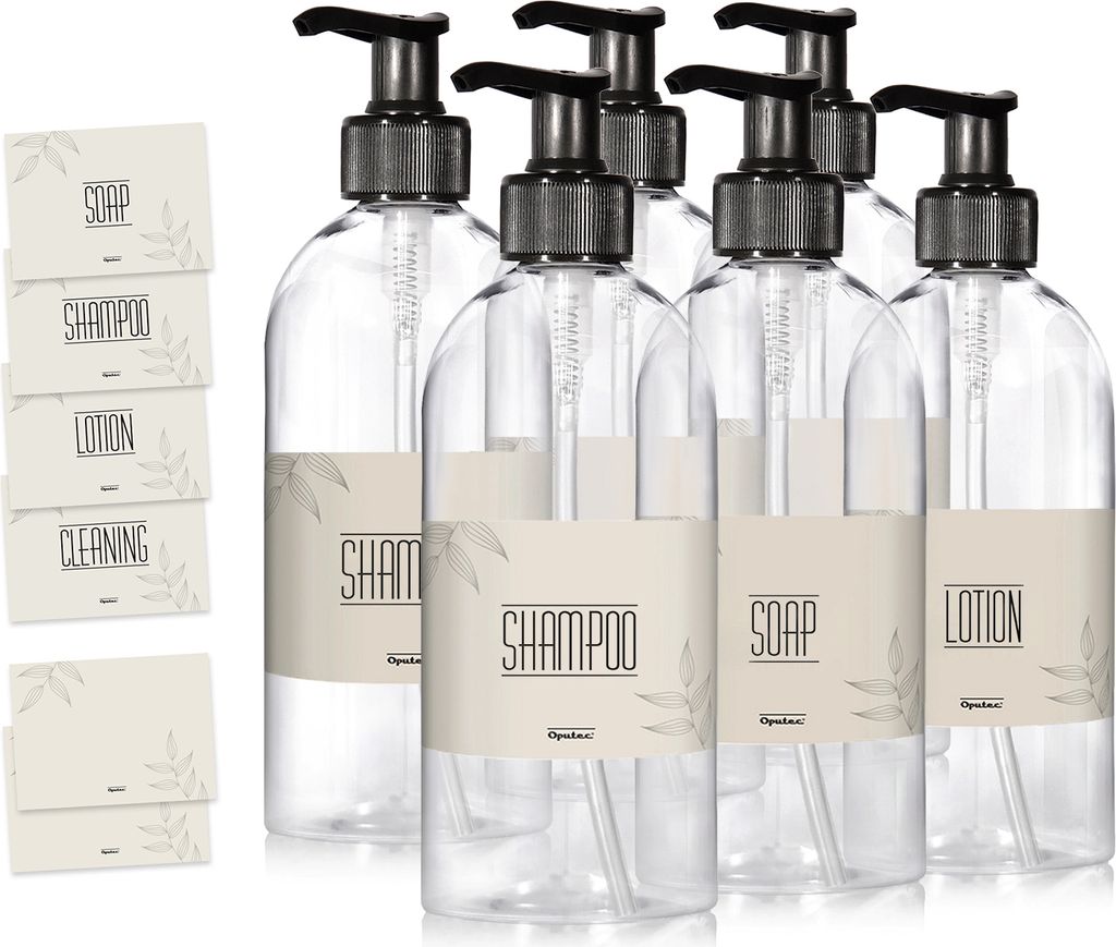 Oputec 6 x 500ml Seifenspender aus Kunststoff + Etiketten: Shampoo Flaschen zum Befüllen als Duschgel Spender, Pumpspender, Pumpflasche - Küche B...