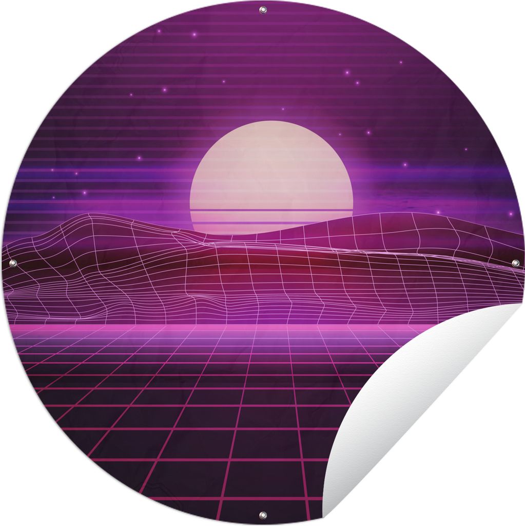 MuchoWow Gartenposter Outdoor-Poster Rund Spiele - Neon - Retro - Lila - Sonne - Spiele Ø 60 cm Gartendeko Rundes Poster draußen