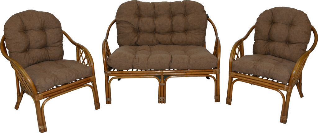 A set of rattan furniture including a two-seater bench and two armchairs, all with brown cushions, displayed on a white background.