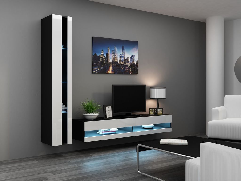 Mediawand Wohnwand 2 tlg - SENTIC 8 - Schwarz/Weiss Hochglanz inkl.LED