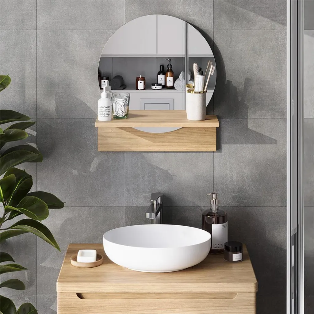 Miroir mural rectangulaire Vicco Elyra Chêne doré avec étagère 40cm