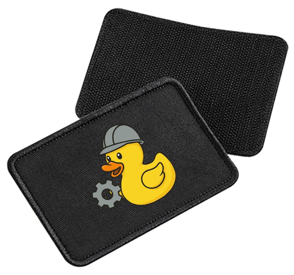 Huuraa Patch Quietscheente Maschinenbau Comic Gummiente Black 10 x 6,5cm Baumwolle Klettpatch für Mütze Geschenkidee