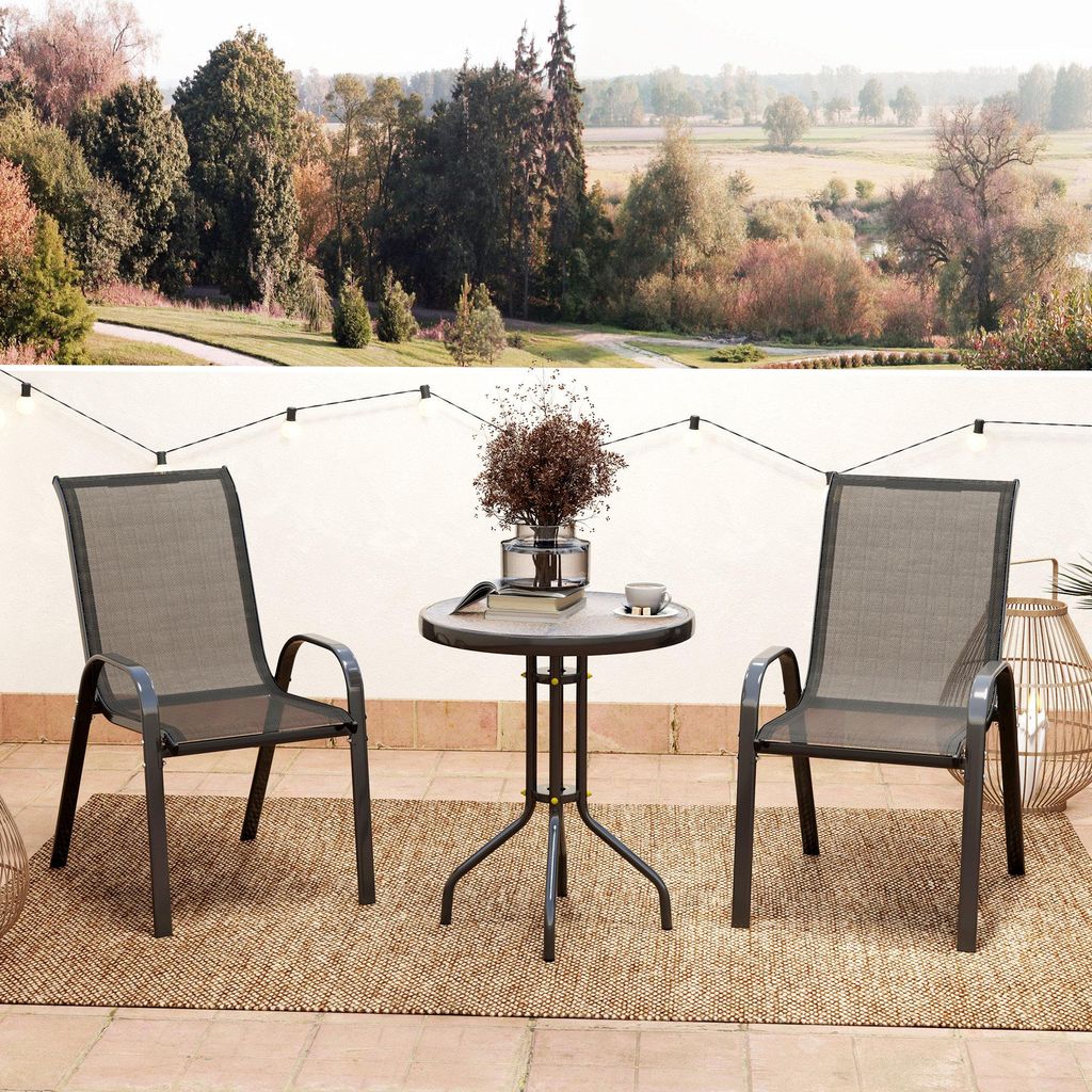 Bistro-Set 3-teilig Wetterfest, Gartenmöbel Set mit Glastisch, Stapelstuhl Metall, Schwarz | 60x60x71 cm | 3-teilig | Hartglas