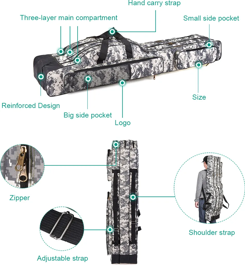 Sac de Pêche 120cm/150cm 3 Couches Fourreau de Canne à Pêche Pliable - 4