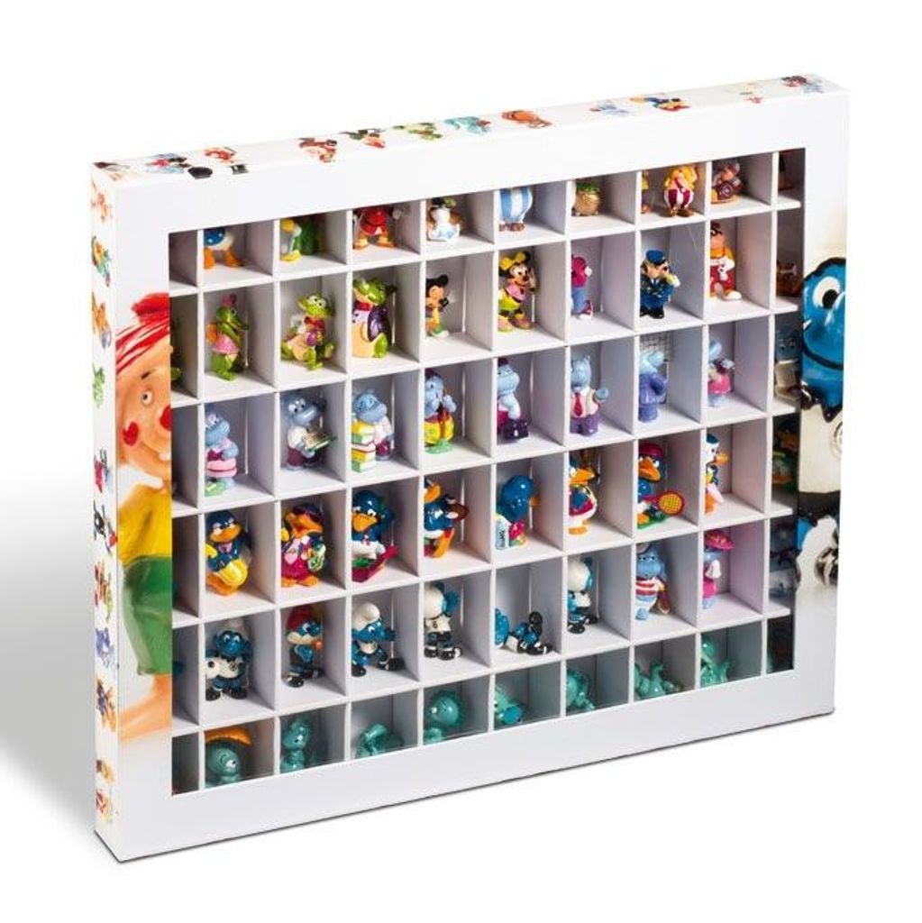 A display box filled with small collectible figurines, arranged in a grid.