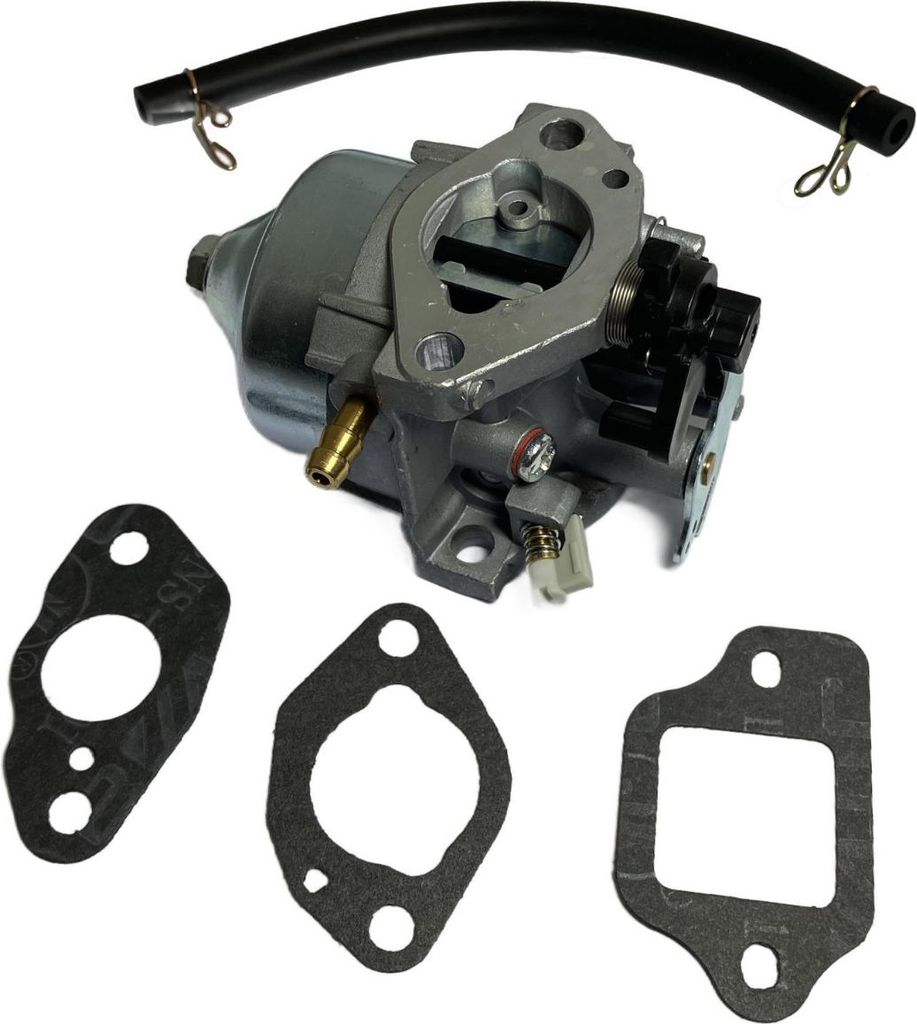 A carburetor and its gaskets are laid out on a white background.