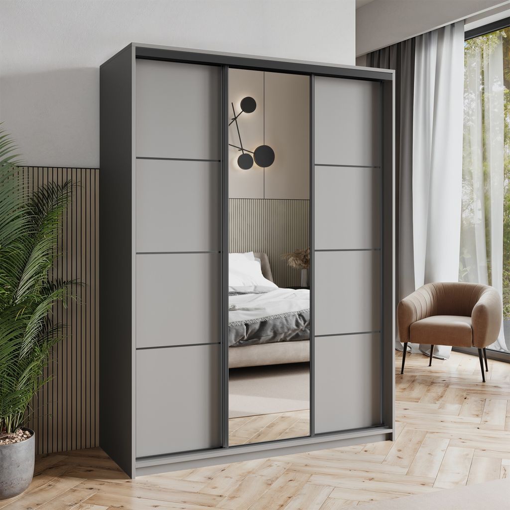 Masseno Schiebetürenschrank VARO 150/205/60 cm Kleiderschrank mit Schubladen Schlafzimmer Schrank 3-türig mit Spiegel Graphitfarben + Schwarz