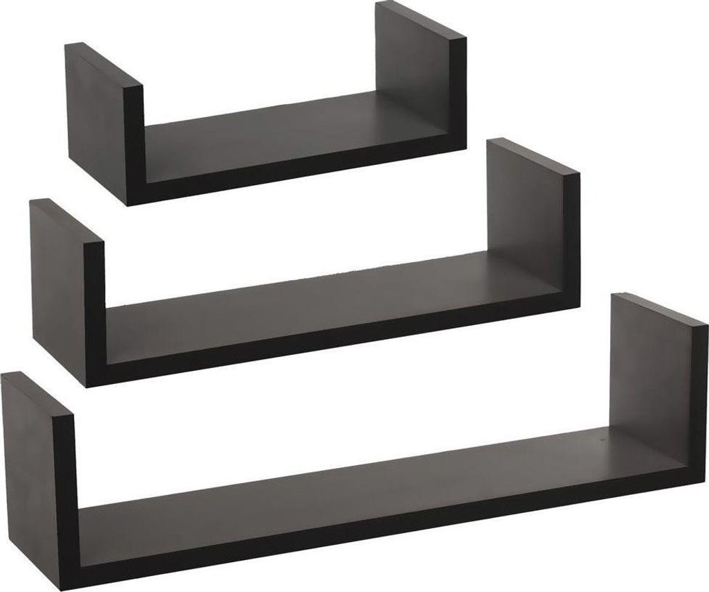 Three black U-shaped shelves of varying sizes are arranged diagonally on a white background.