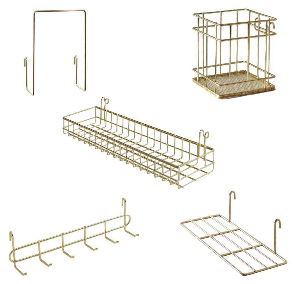Wandkorb, Hängeregal, Stiftehalter, Hakenablage, Bücherregal, Wandaccessoires, 5er-Set (gold)