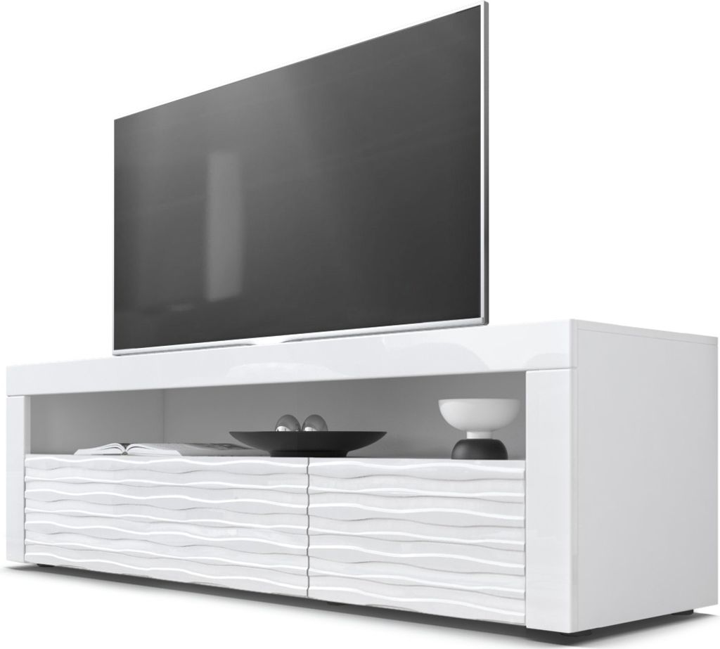 Vladon Lowboard Valencia, Germany, TV-Kommode mit 1 offenem Fach und 2 Klappen, Weiß/Weiß Hochglanz Harmony 3D Struktur/Weiß Hochglanz (155 x 4...