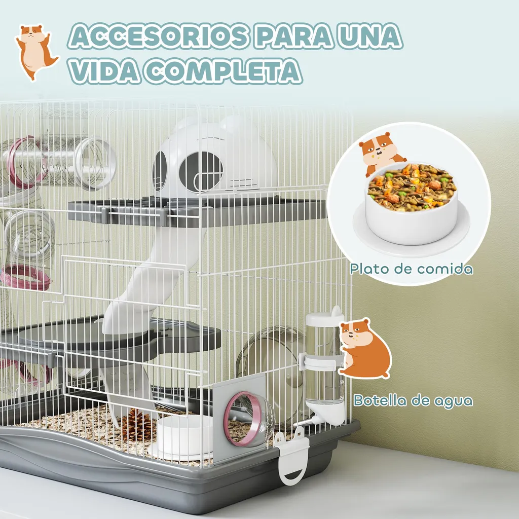 Cage hamster multi-étages équipée d'une roue et d'un abreuvoir, Gris - 4