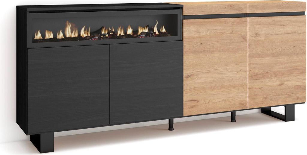 Sideboard, Highboard, 200x35x87cm, 4 Türen, Elektrokamin. Industriedesign, Eiche Schwarz