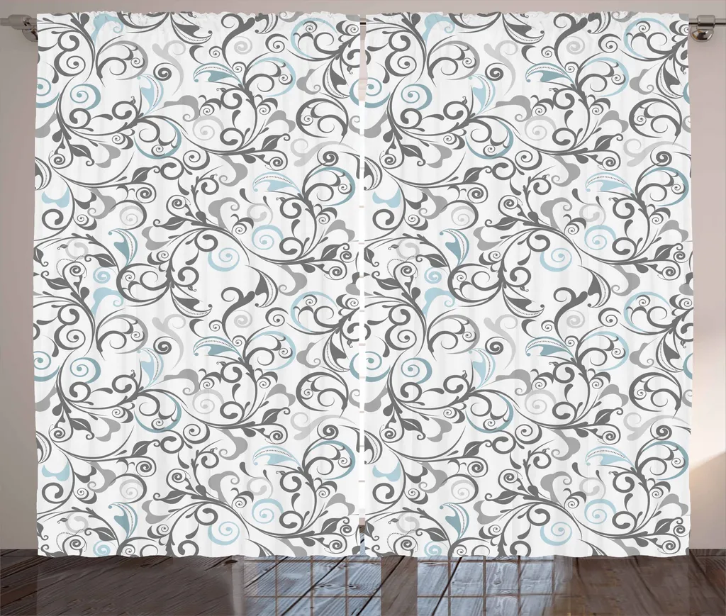 ABAKUHAUS Tenda rustica con fiori, riccioli damascati antichi, tenda con passanti e ganci per camera da letto, 280 x 175 cm, grigio azzurro bianco