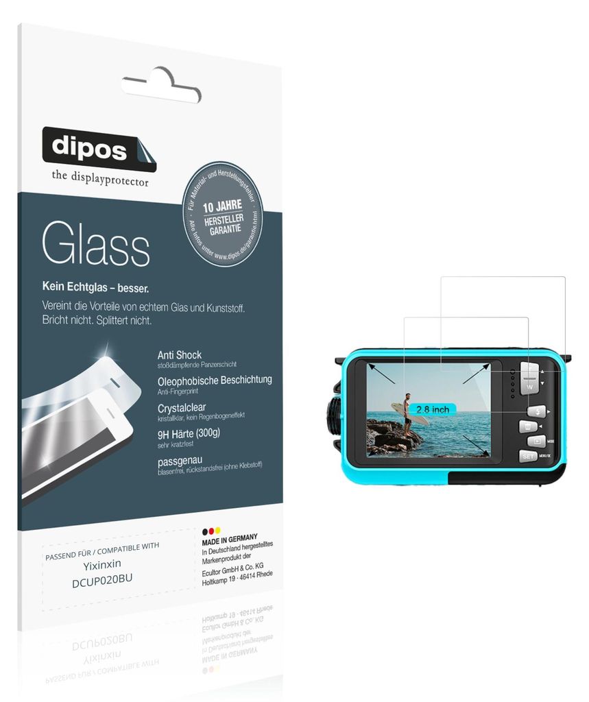 2x Schutzfolie für Yixinxin DCUP020BU - Anti-Shock 9H Folie dipos Glass Kunststoffglas