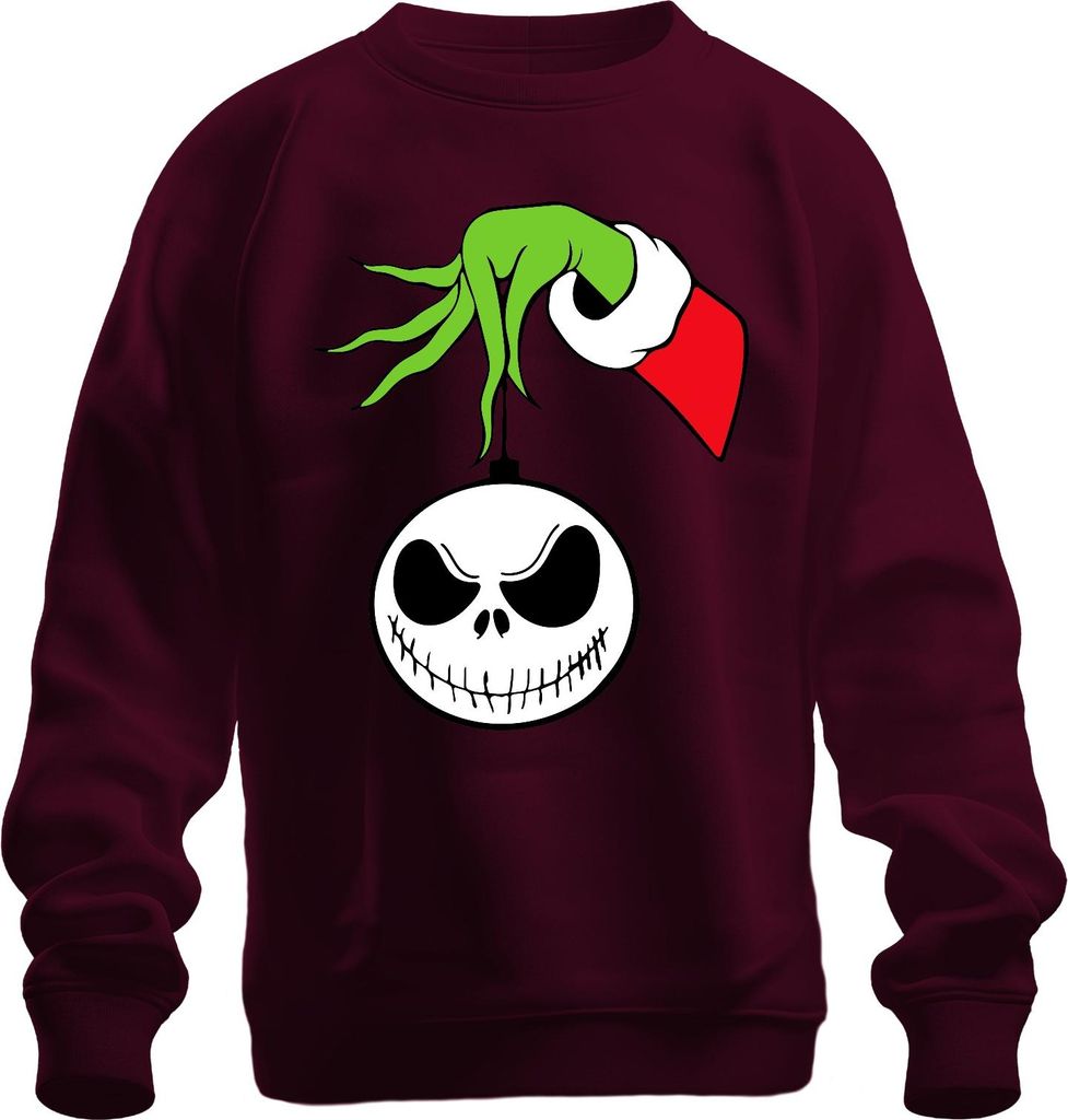 Jack Skellington Grinch Hand Weihnachtskugel Skelett Gothic Uni Sweatshirt Pullover, Burgundy, S