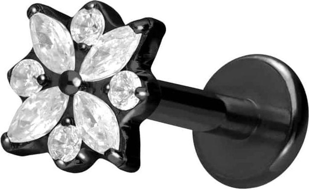 Ohrpiercing, Nasenpiercing Titan Labret mit Push Fit KRISTALLBLUME Schwarz Stablänge: 7mm | Stabstärke: 1,2mm