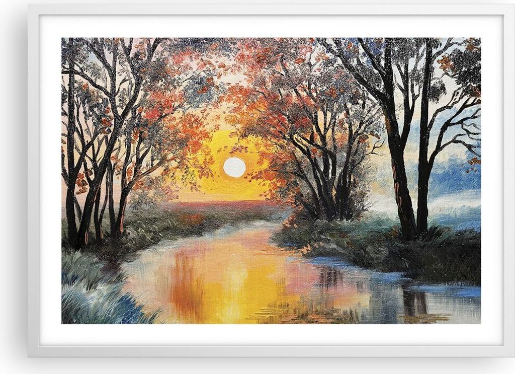 Gerahmtes Poster - Weißer Rahmen - Fluss Sonne Bäume - 70x50 cm - Wand Bild - Wanddeko - Wandbilder - Kunstposter - Wandposter - Bilderrahmen - B...