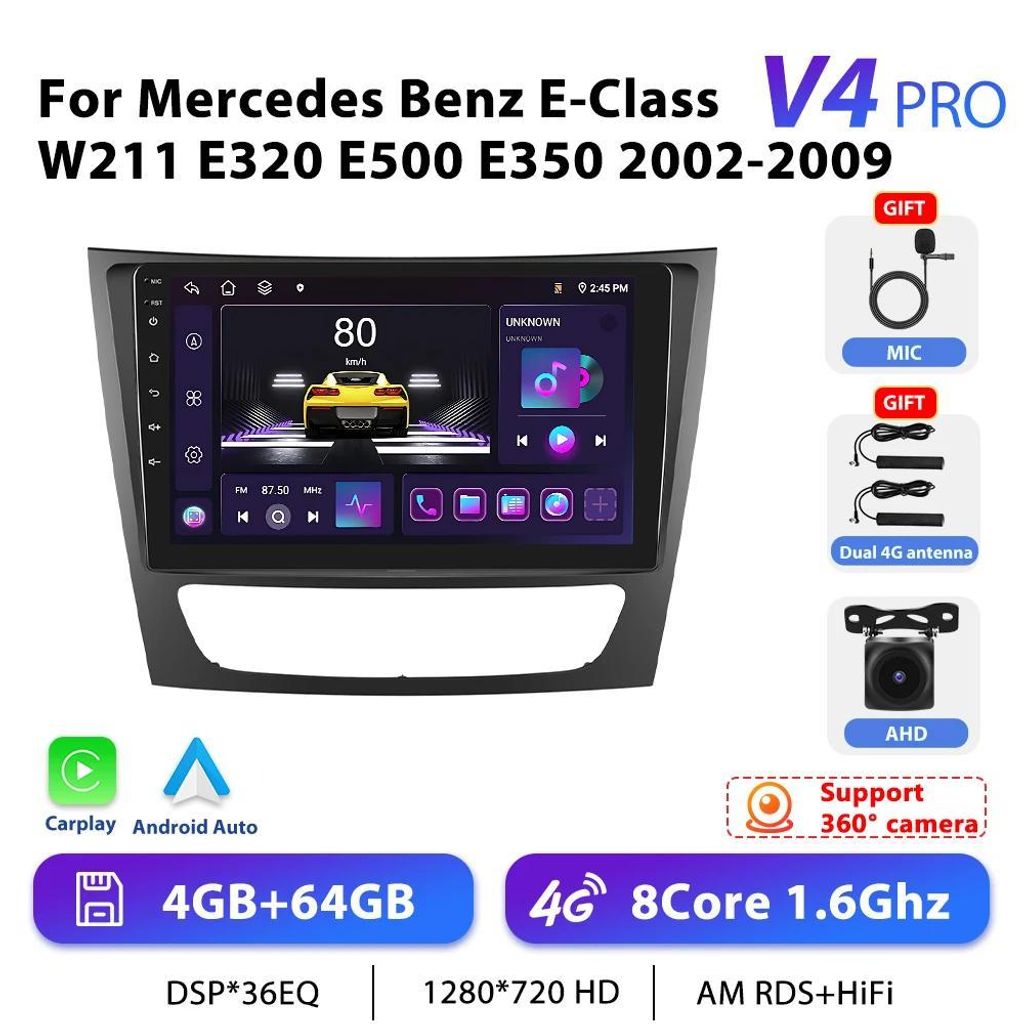 Mercedes-Benz E-Klasse W211 2002-2009 - Android Autoradio 2-DIN - 23 cm Touchscreen - 4G LTE GPS Navigation - AHD Kameraeingang - Android 13 - 6 GB...