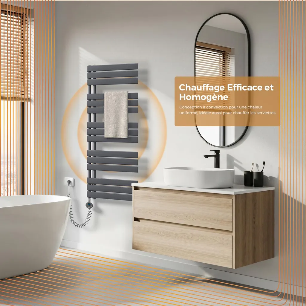 Sèche-serviettes Électrique 600W Anthracite avec Thermostat et Timer