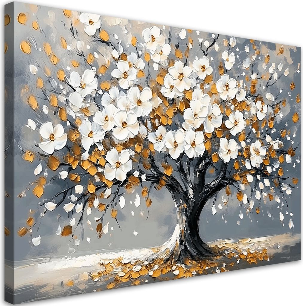 Leinwandbild Baum des Lebens Blumen Blätter Gold 90x60 Feeby Weiß bild für die wand bereit zum aufhängen