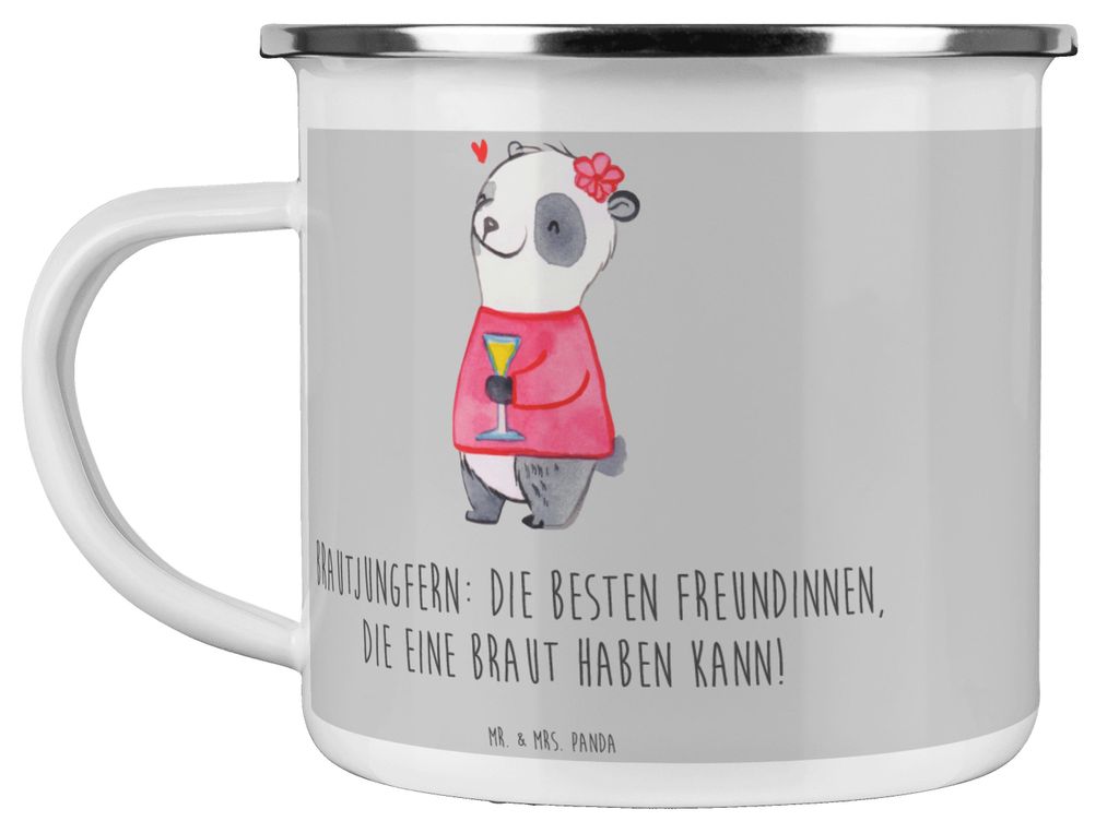 Mr. & Mrs. Panda Camping Emaille Tasse Beste Brautjungfern - Heather Grey - Geschenk, Dankeschön, Hochzeitsreise, Geschenke, Hochzeit, Liebe, Freu...