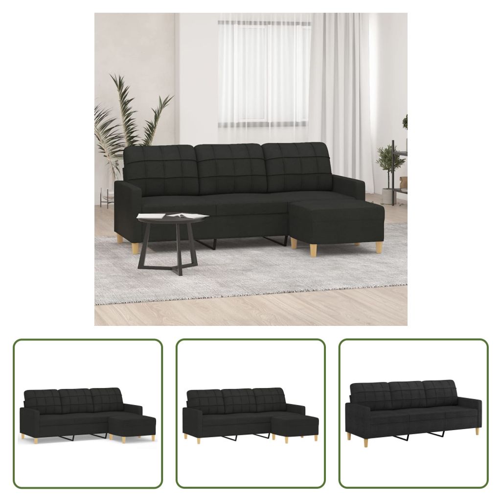 The Living Store 3-Sitzer-Sofa mit Hocker Schwarz 180 cm Stoff